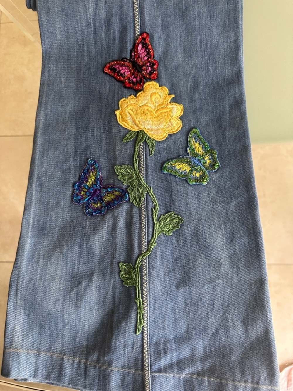 LK NEW 70s Faded Glory Wide Leg Jeans Embroidered / Sequined 🦋 & 💐 - Picture 8 of 15